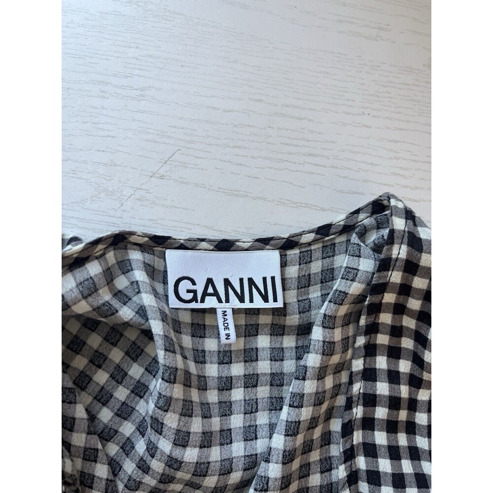 Ganni Gingham Wrap Top Balloon Sleeve Black White Blouse Women’s Size EU 38/US 6 - Picture 8 of 9
